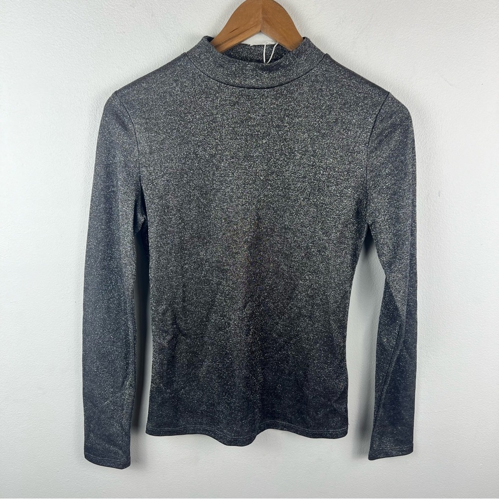 NEW Reformation Bailey Metallic Mock Neck Long Sleeve Top - Picture 3 of 6